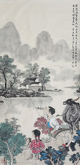 高健林  《牧童欢笑牛羊下》  规格：138×68cm  辛丑秋月